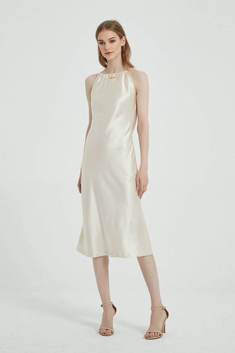 Ivory Halter-Neck Midi Slip Dress in Triacetate-Blend