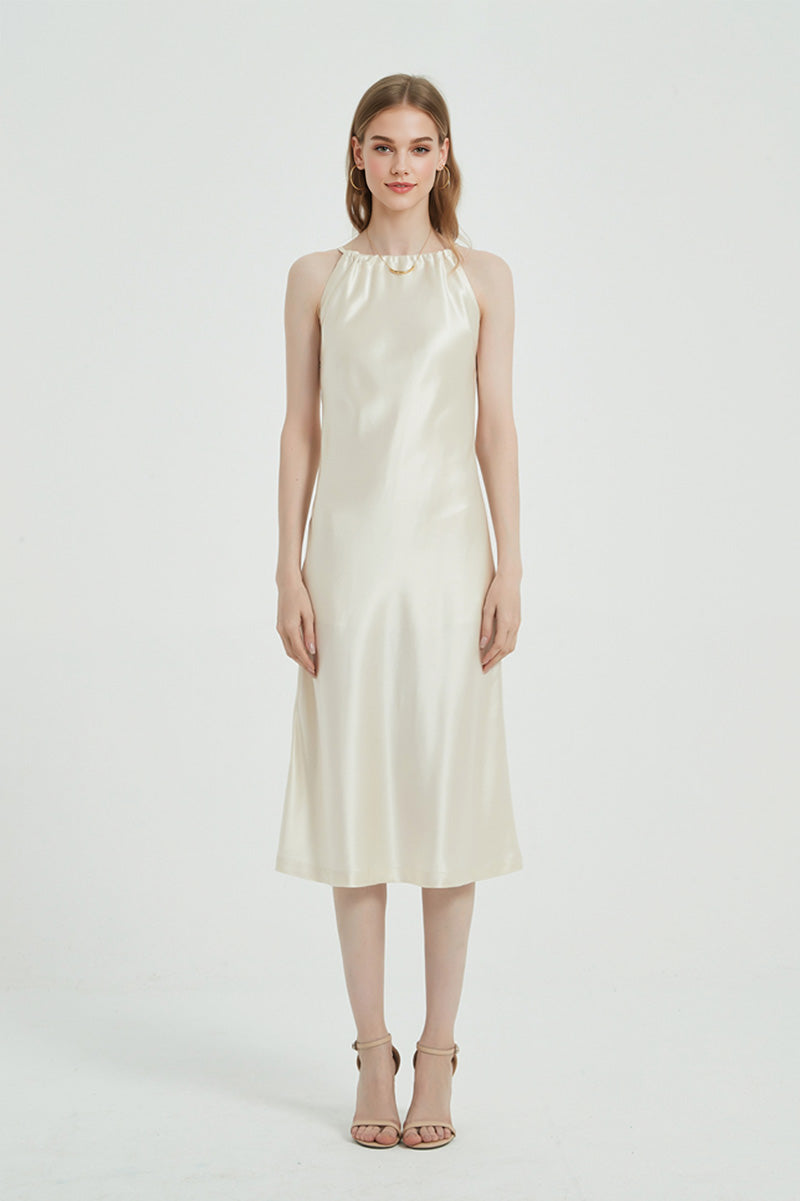 Ivory Halter-Neck Midi Slip Dress in Triacetate-Blend