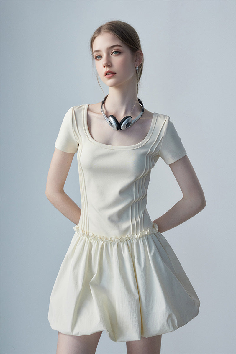Ivory Squre-Neck Bubble Mini Dress