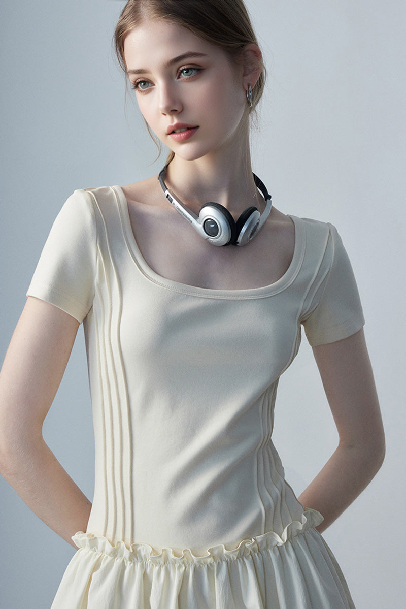 Ivory Squre-Neck Bubble Mini Dress