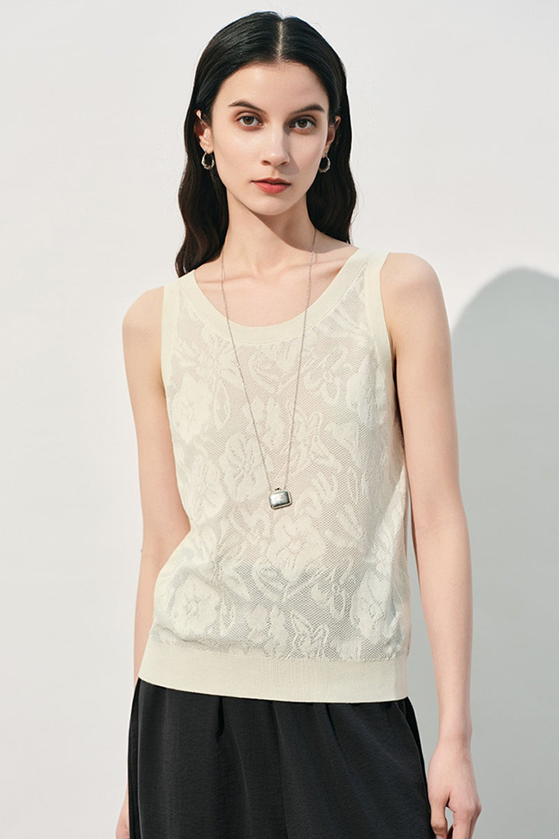 Jacquard Floral Textured Knit Sleeveless Tank Top