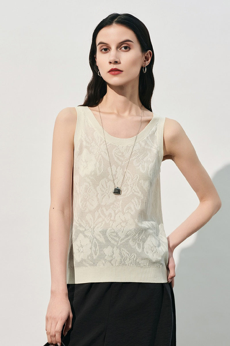 Jacquard Floral Textured Knit Sleeveless Tank Top