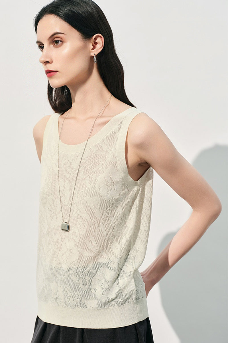 Jacquard Floral Textured Knit Sleeveless Tank Top