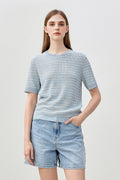 Japanese Cotton-Linen Sequin Short-Sleeve Crewneck Sweater