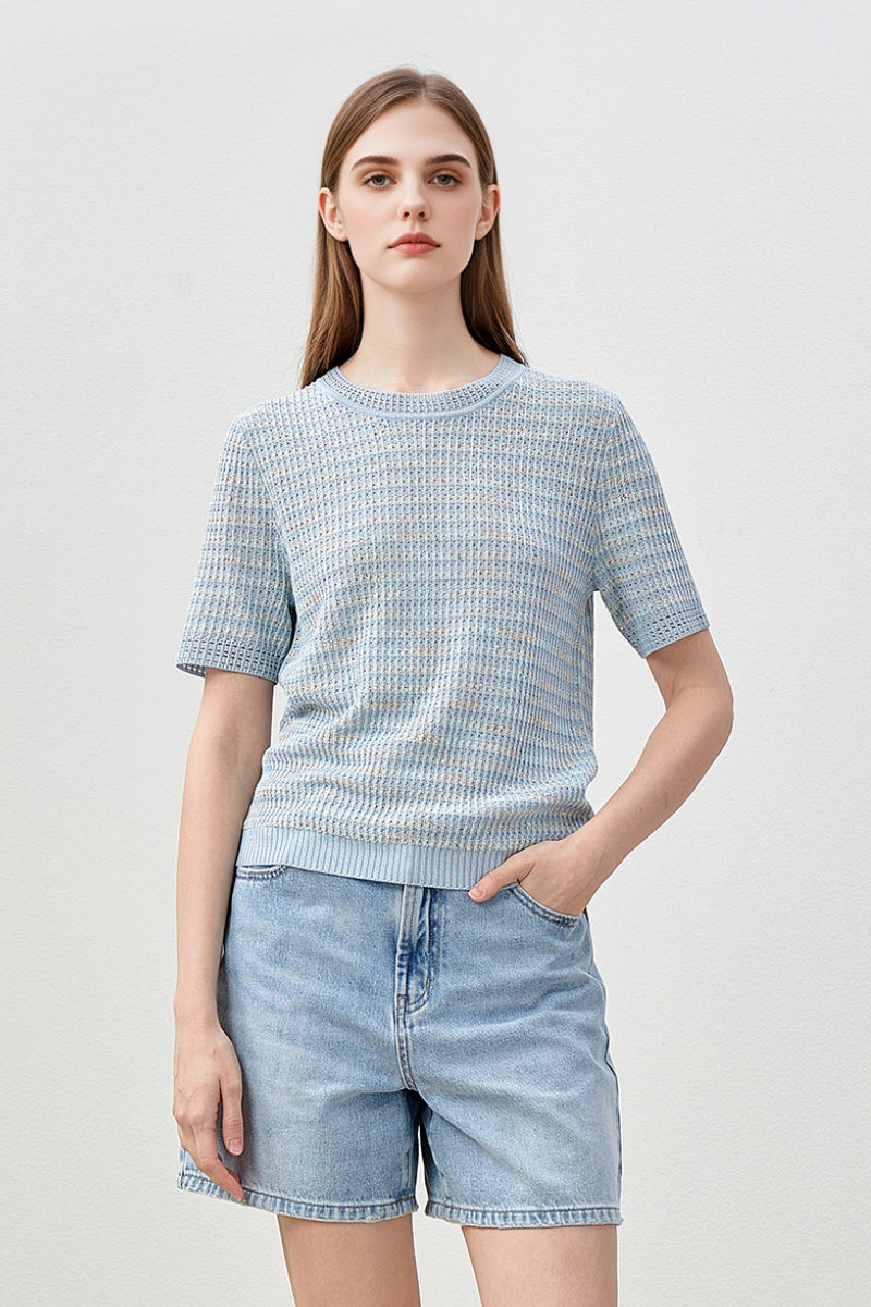 Japanese Cotton-Linen Sequin Short-Sleeve Crewneck Sweater