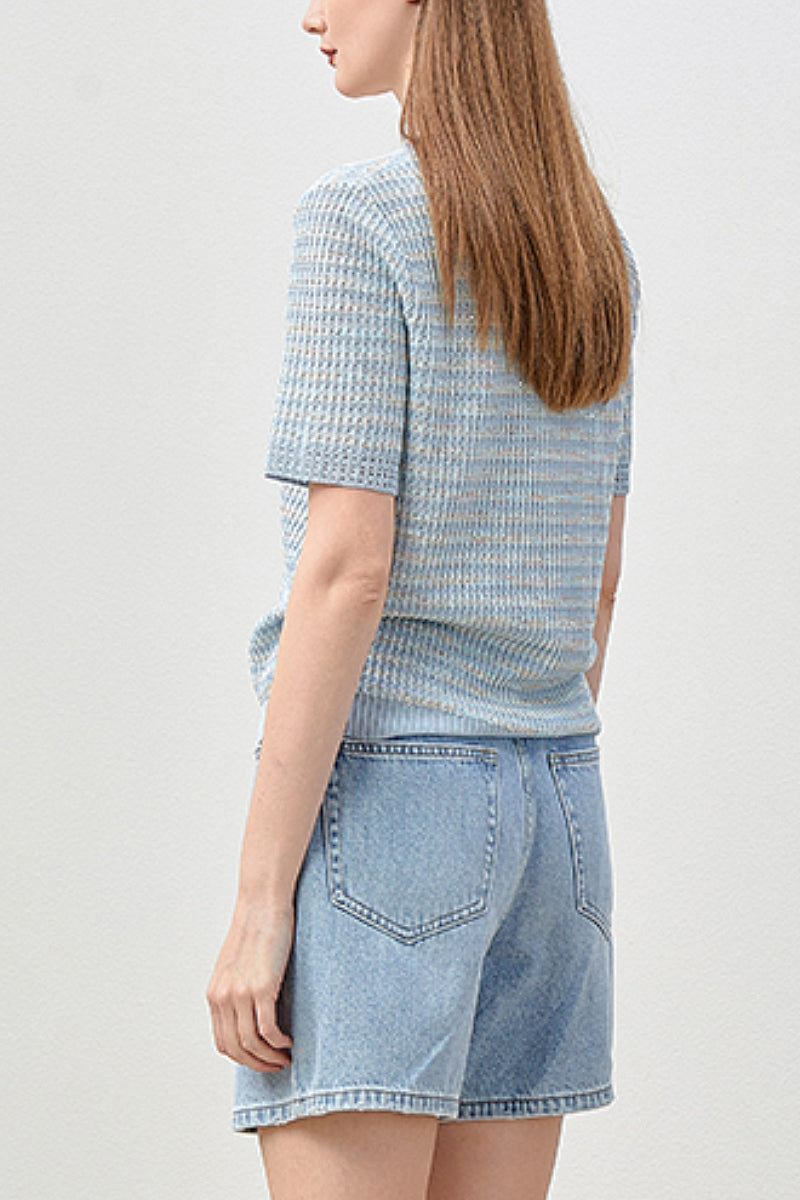 Japanese Cotton-Linen Sequin Short-Sleeve Crewneck Sweater