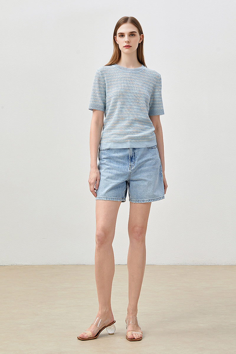 Japanese Cotton-Linen Sequin Short-Sleeve Crewneck Sweater