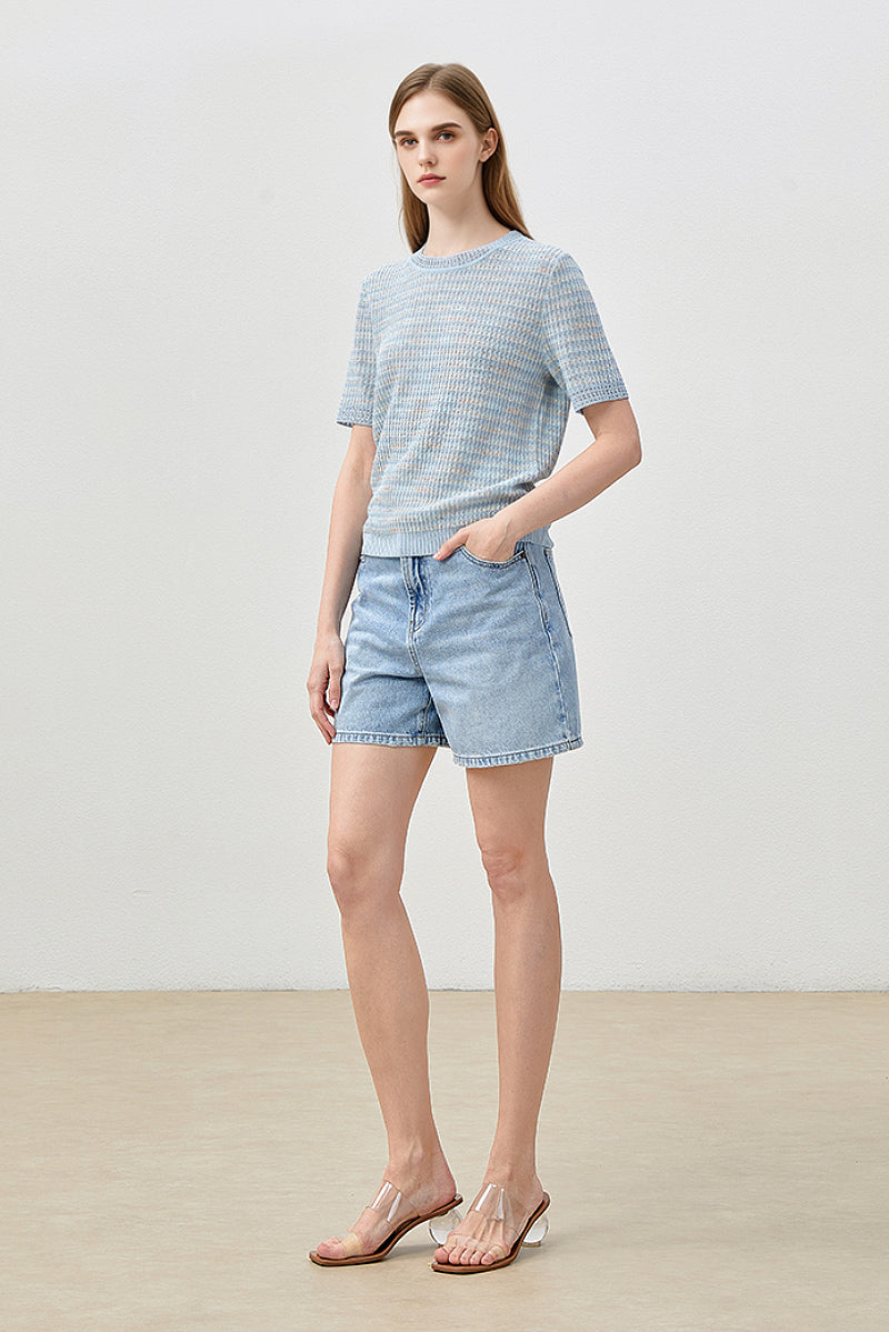 Japanese Cotton-Linen Sequin Short-Sleeve Crewneck Sweater