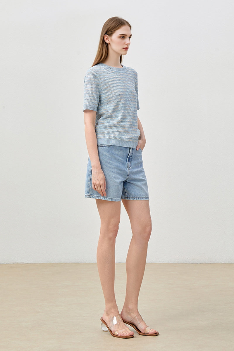 Japanese Cotton-Linen Sequin Short-Sleeve Crewneck Sweater