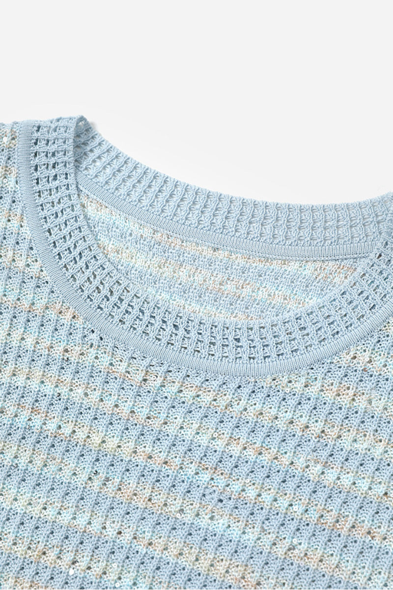 Japanese Cotton-Linen Sequin Short-Sleeve Crewneck Sweater