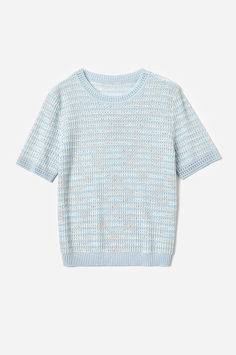 Japanese Cotton-Linen Sequin Short-Sleeve Crewneck Sweater