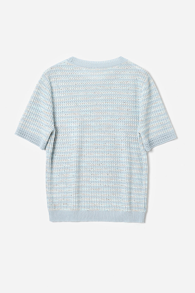 Japanese Cotton-Linen Sequin Short-Sleeve Crewneck Sweater