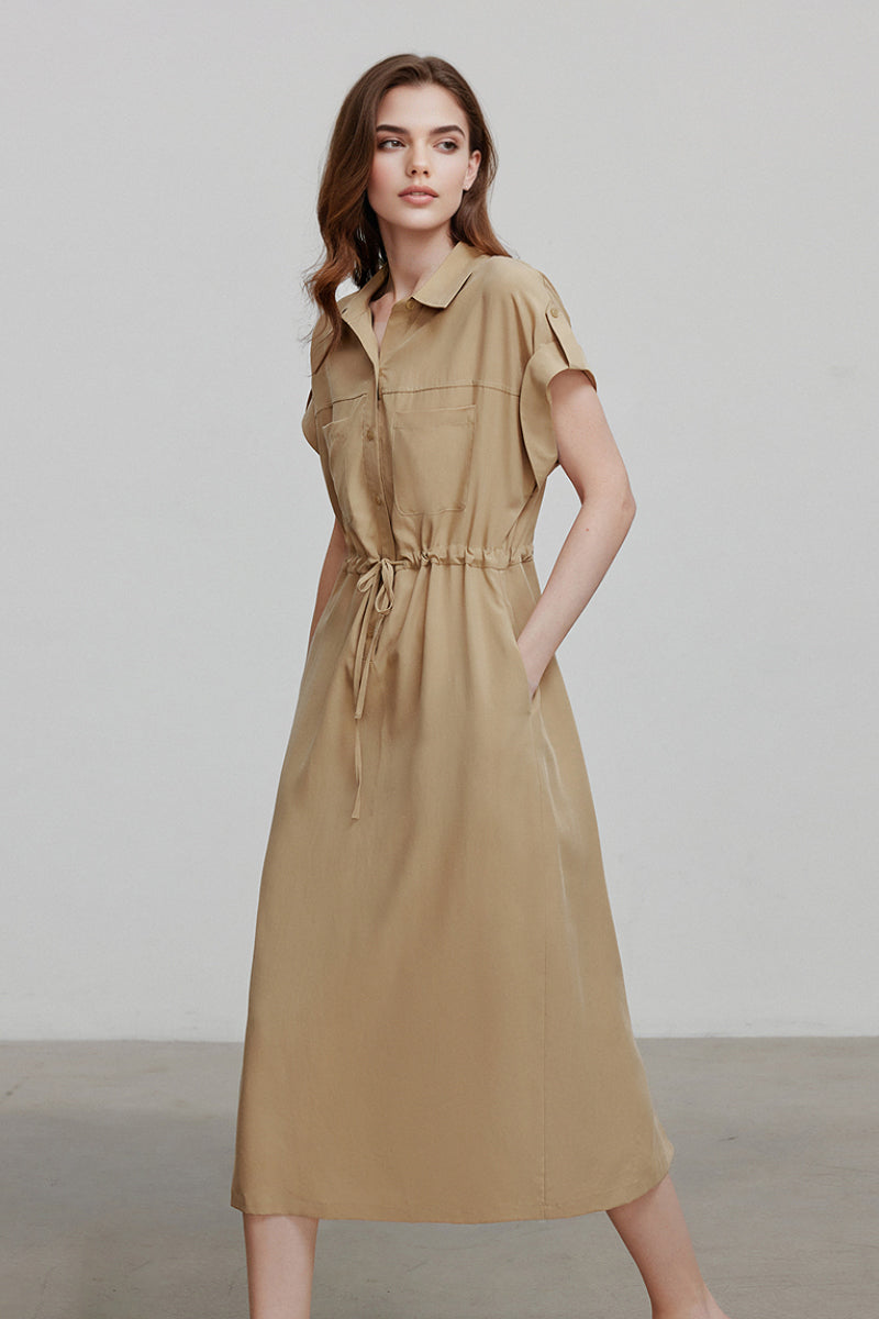 Khaki Cap-Sleeve Shirt Midi Dress With Belt