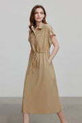 Khaki Cap-Sleeve Shirt Midi Dress With Belt