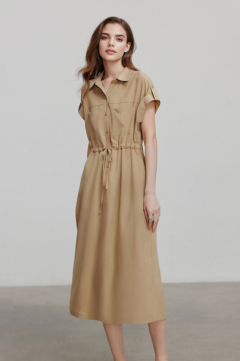 Khaki Cap-Sleeve Shirt Midi Dress With Belt