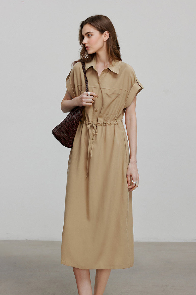 Khaki Cap-Sleeve Shirt Midi Dress With Belt
