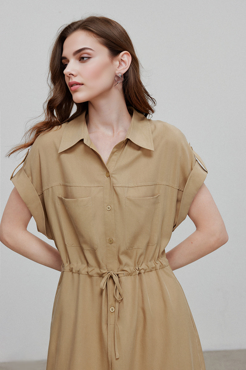 Khaki Cap-Sleeve Shirt Midi Dress With Belt