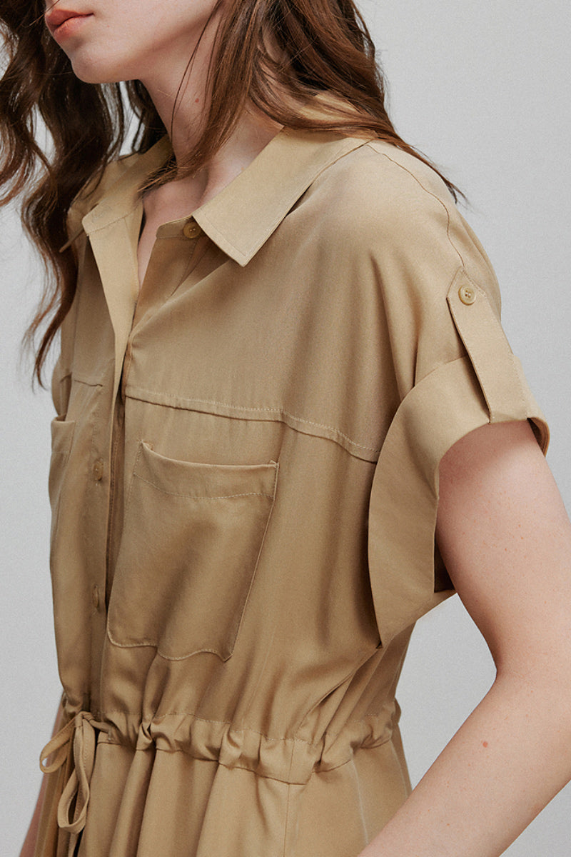 Khaki Cap-Sleeve Shirt Midi Dress With Belt