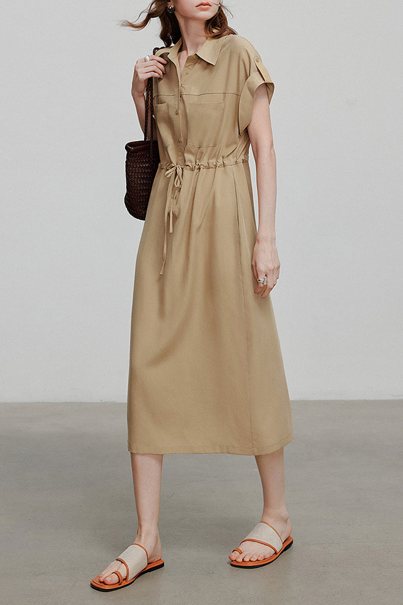 Khaki Cap-Sleeve Shirt Midi Dress With Belt