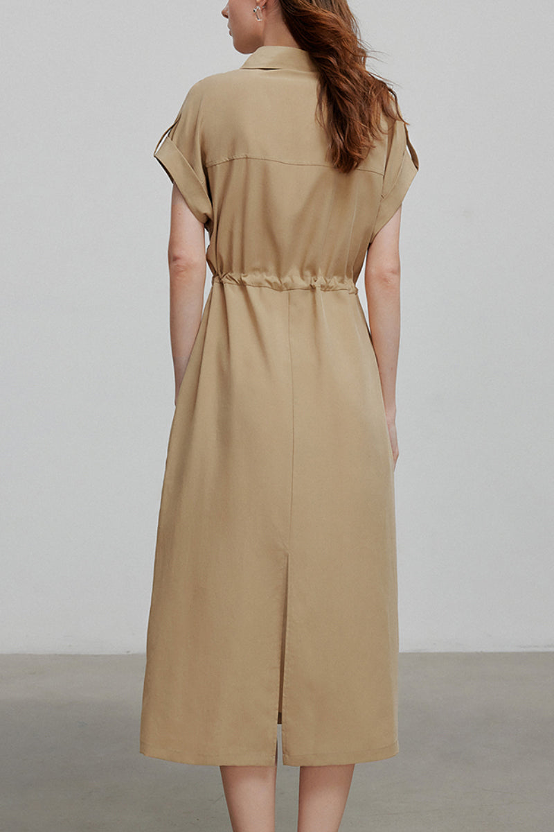 Khaki Cap-Sleeve Shirt Midi Dress With Belt