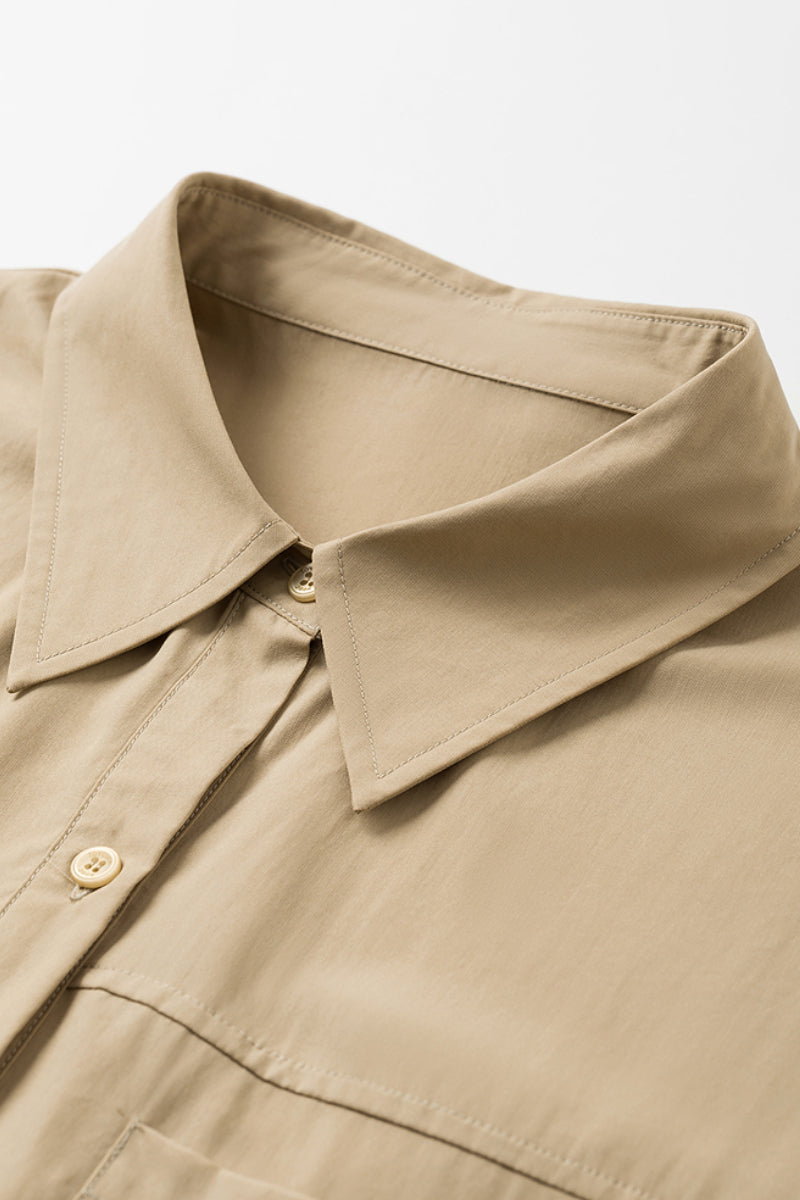Khaki Cap-Sleeve Shirt Midi Dress With Belt