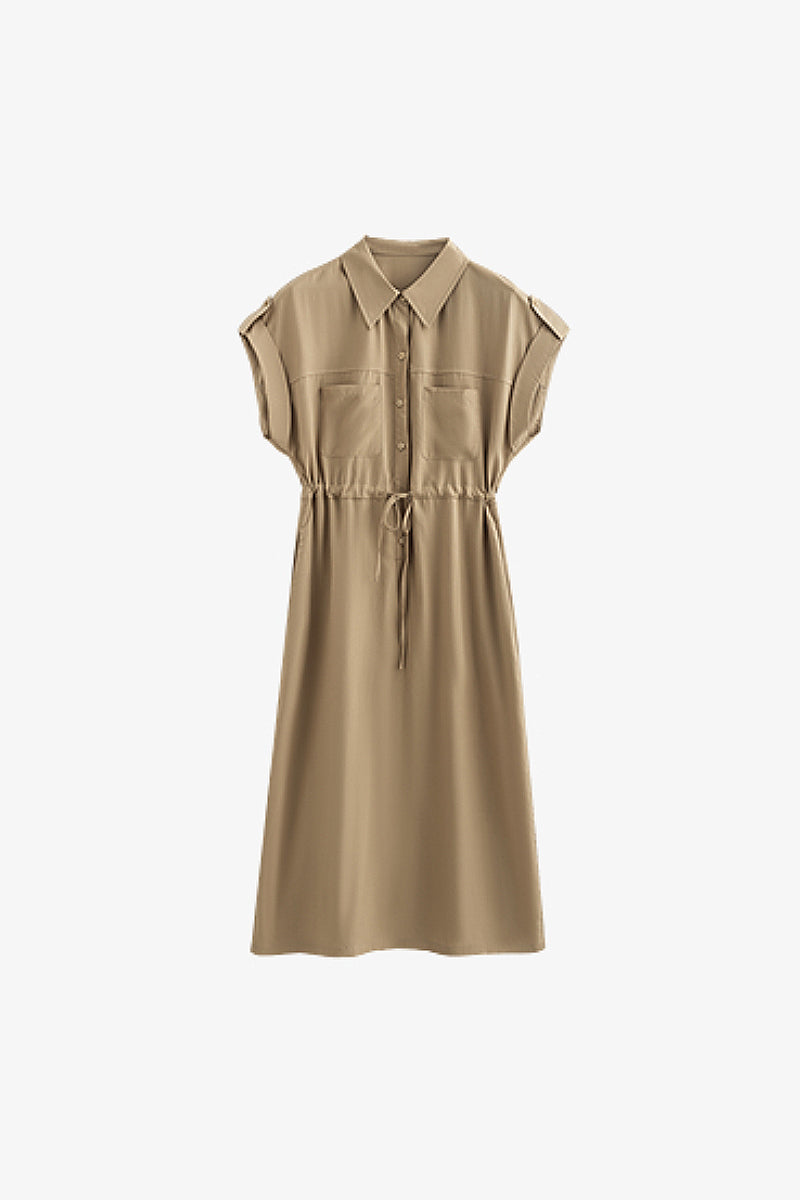 Khaki Cap-Sleeve Shirt Midi Dress With Belt