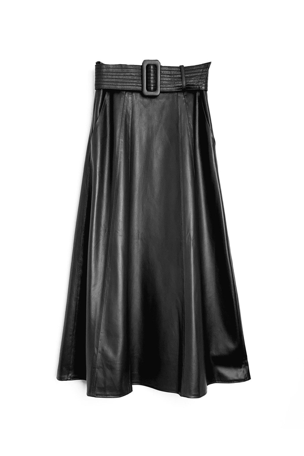 Lambskin Leather Belted A-Line Midi Skirt
