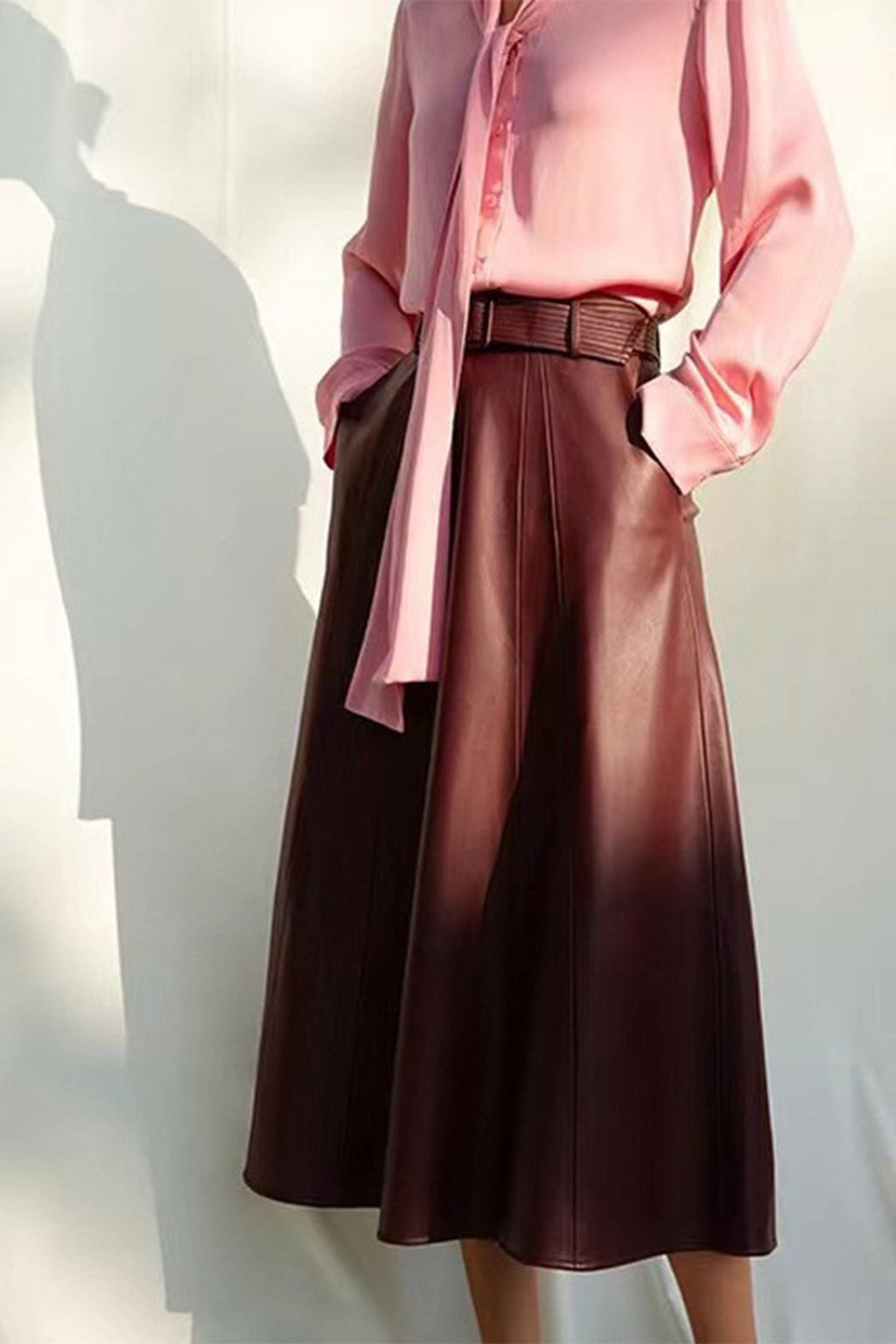 Lambskin Leather Belted A-Line Midi Skirt