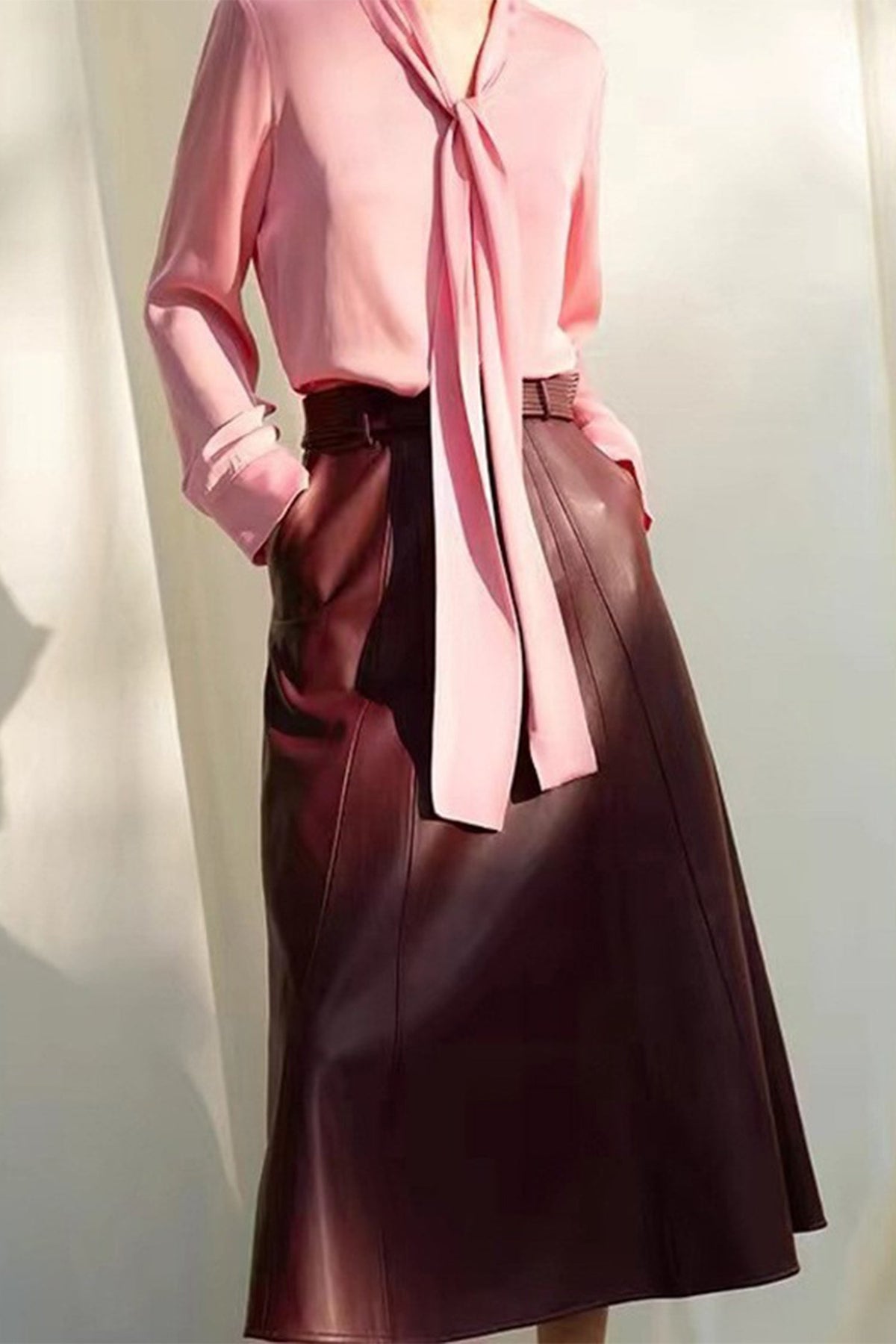 Lambskin Leather Belted A-Line Midi Skirt