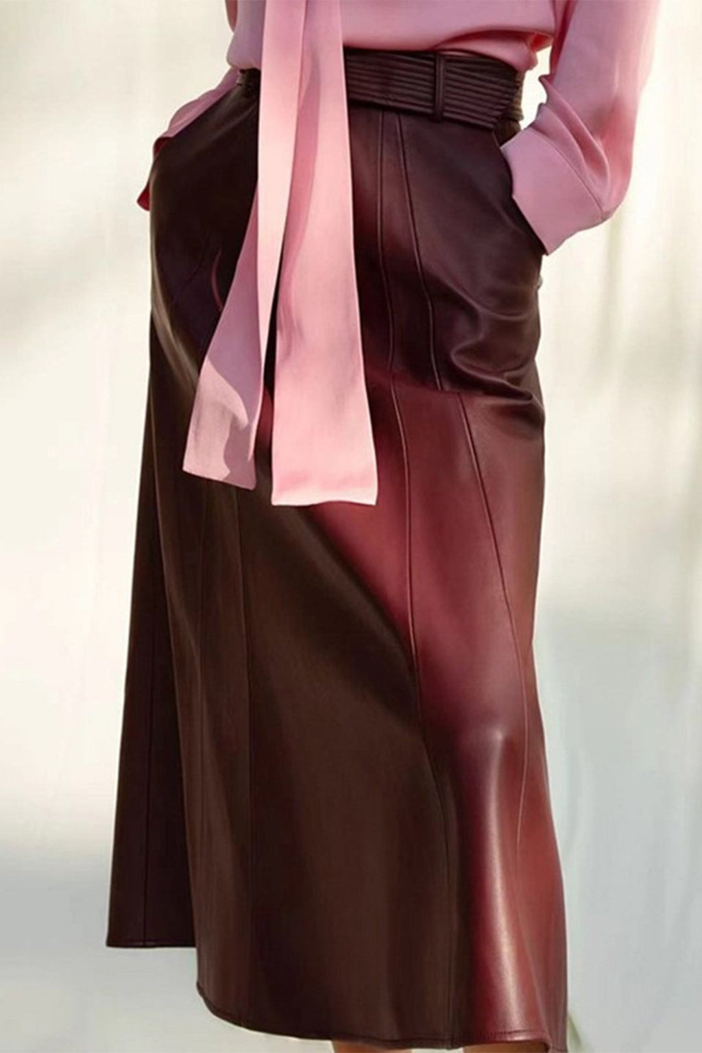 Lambskin Leather Belted A-Line Midi Skirt