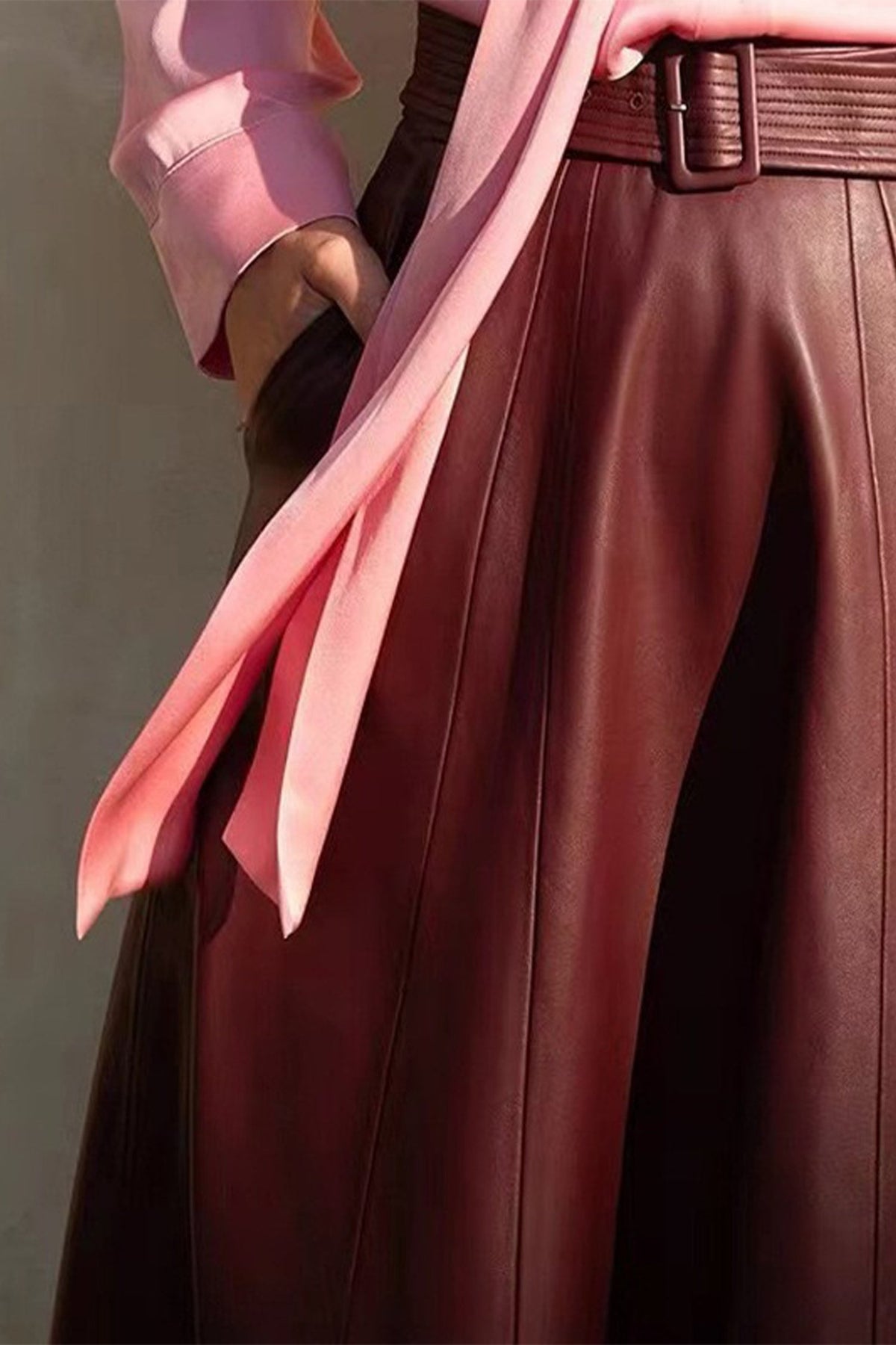 Lambskin Leather Belted A-Line Midi Skirt