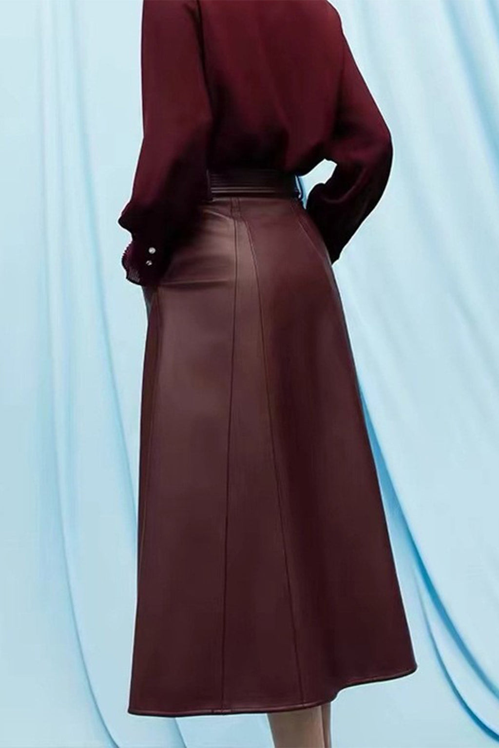 Lambskin Leather Belted A-Line Midi Skirt
