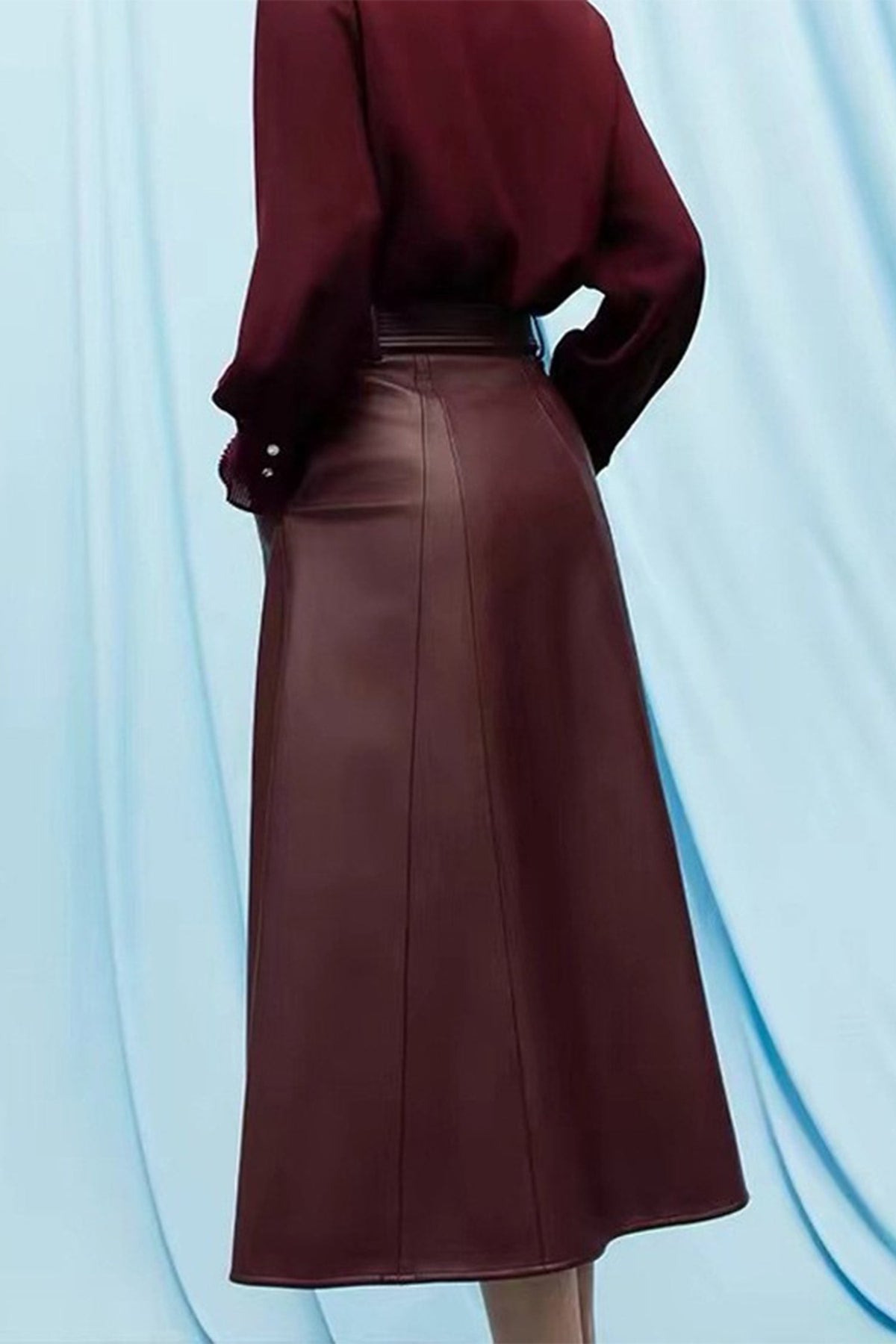 Lambskin Leather Belted A-Line Midi Skirt