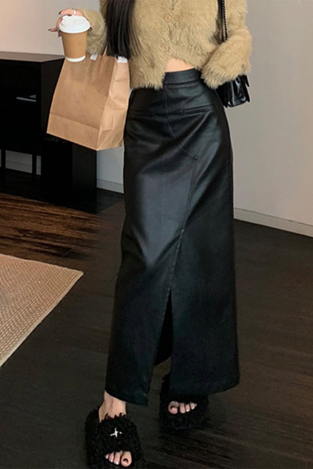 Lambskin Leather Bias-Cut Column Maxi Skirt