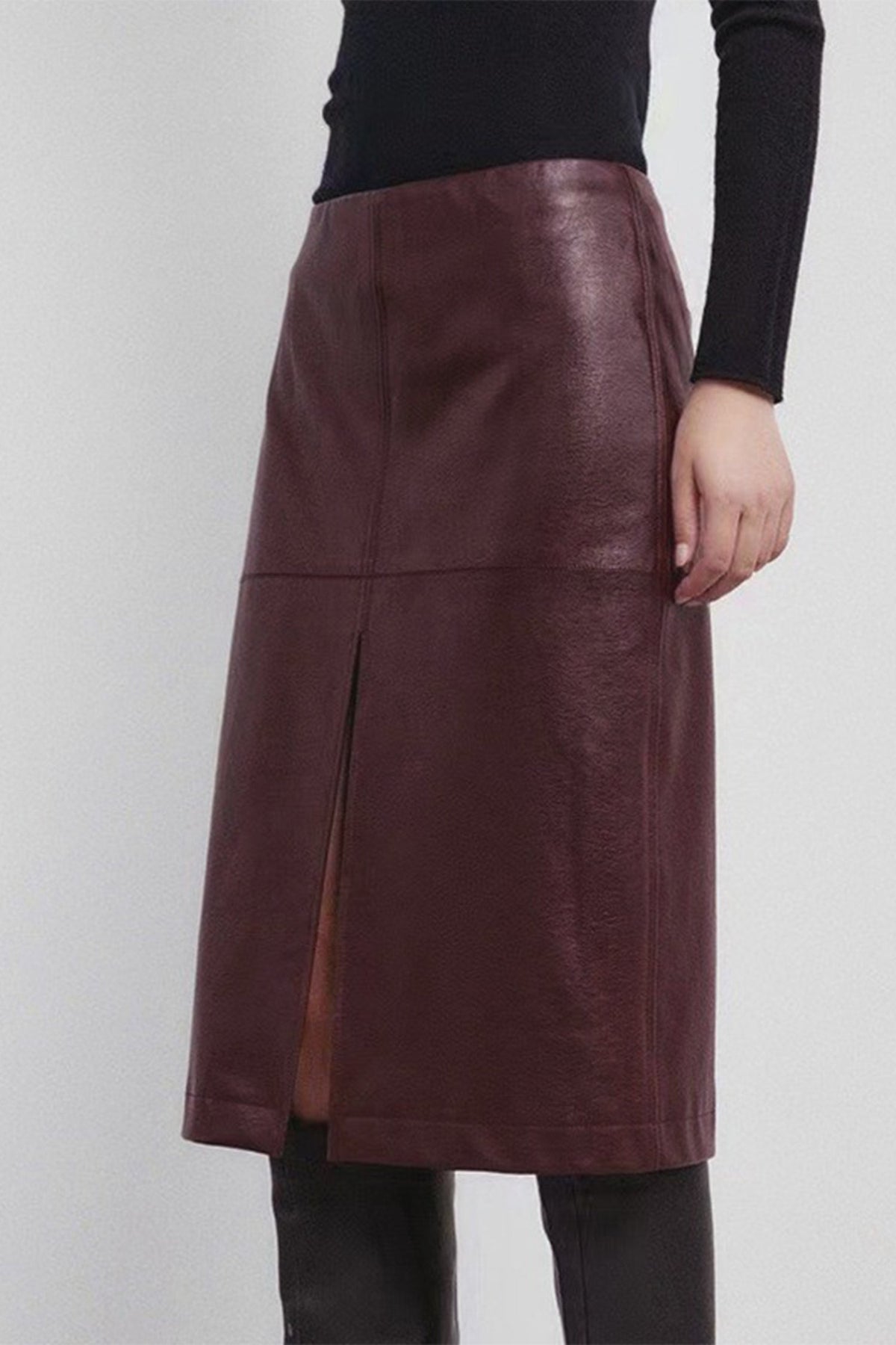 Lambskin Leather High-Waisted Column Midi Skirt