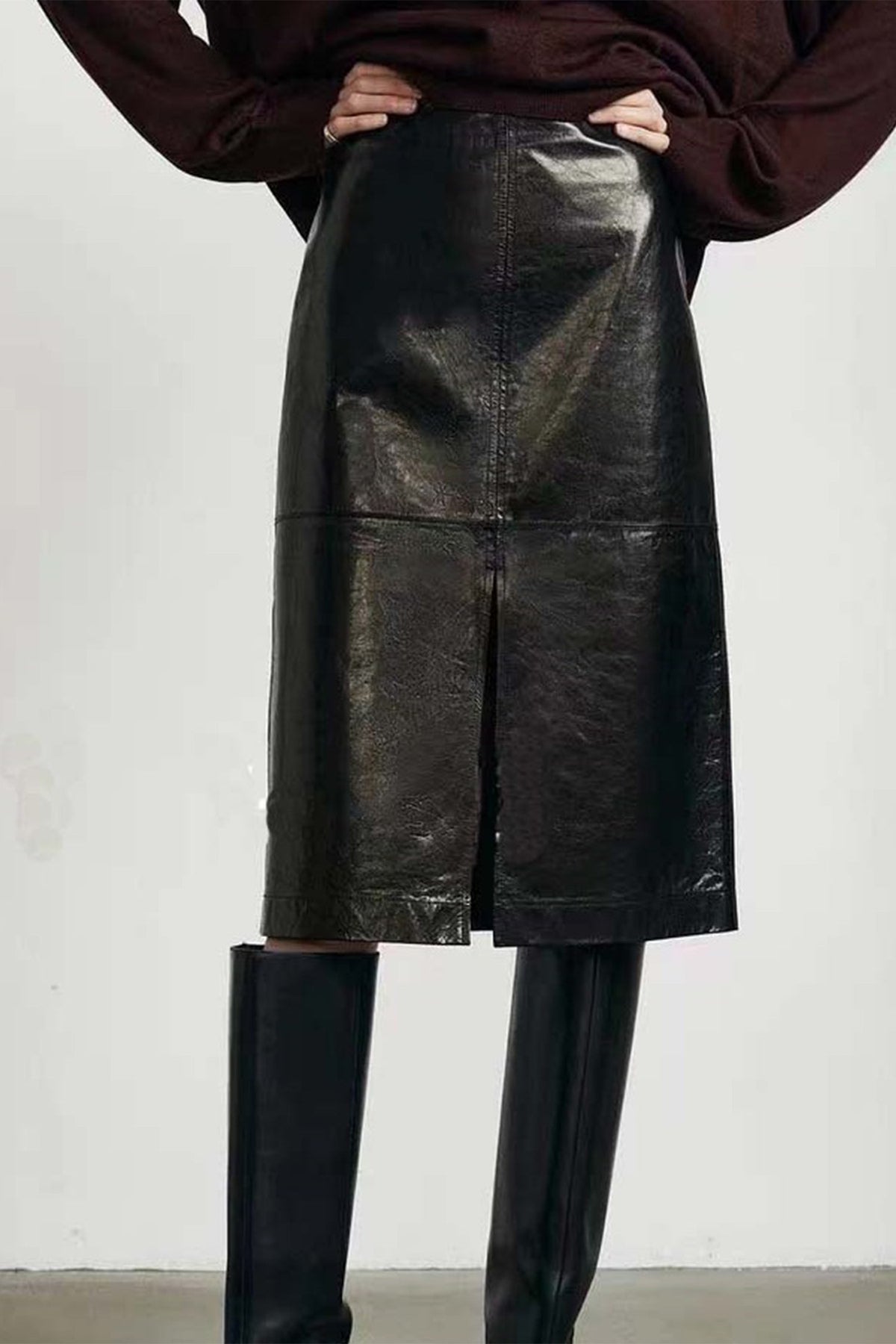 Lambskin Leather High-Waisted Column Midi Skirt