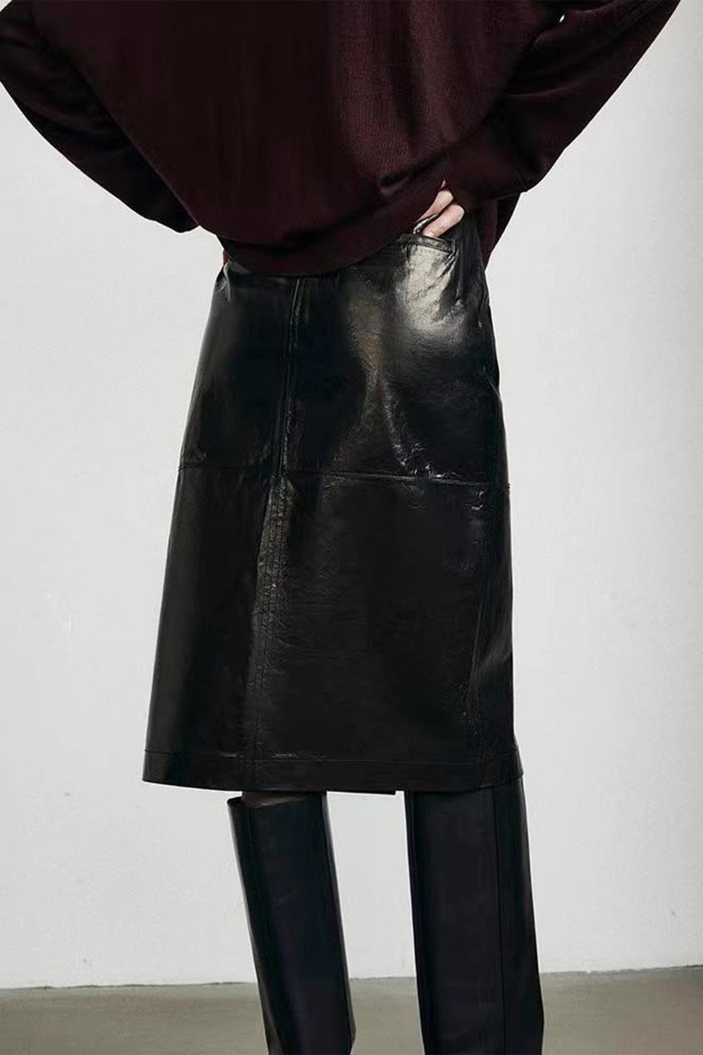 Lambskin Leather High-Waisted Column Midi Skirt