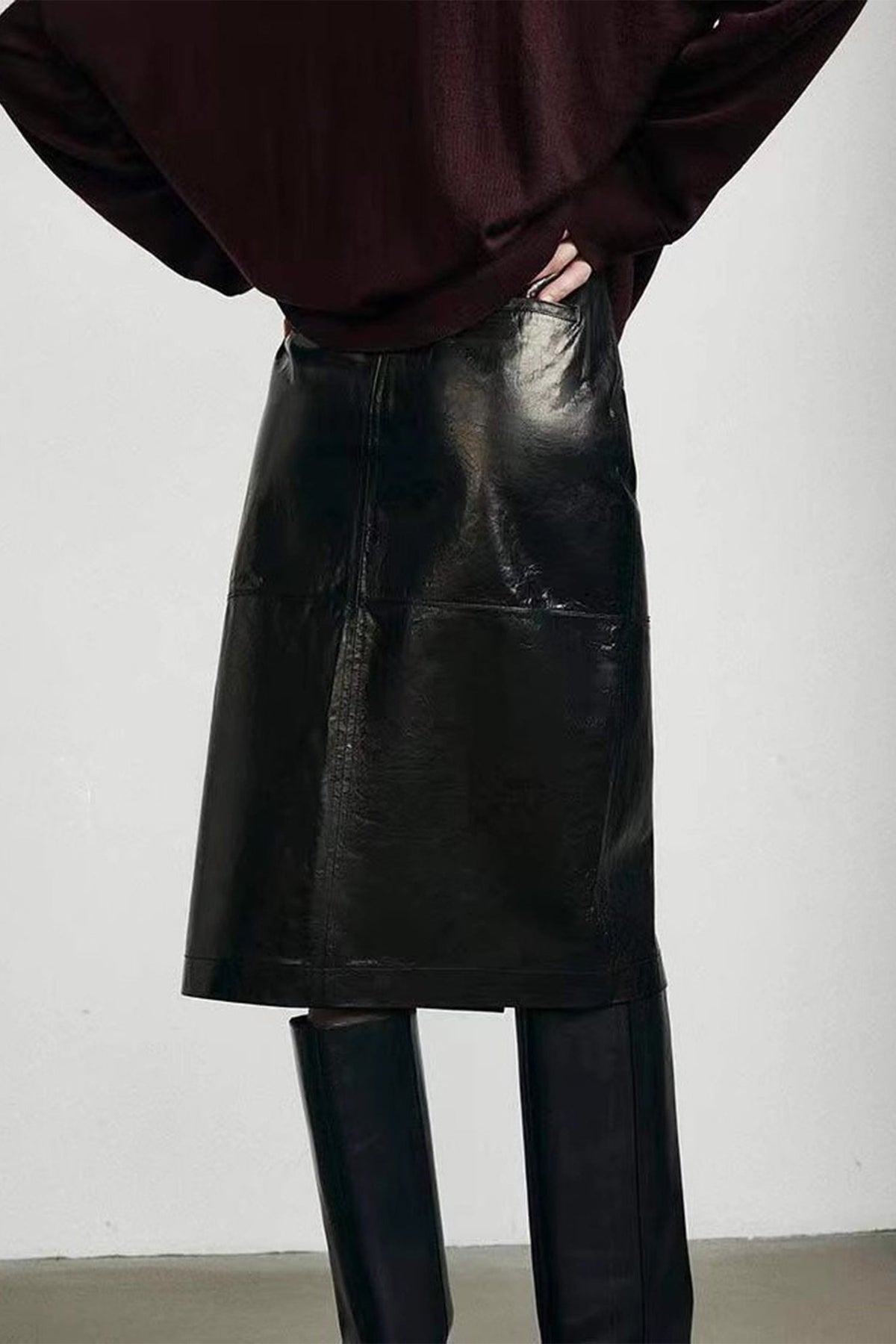 Lambskin Leather High-Waisted Column Midi Skirt