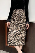 Lambskin Leather Leopard Print Midi Pencil Skirt
