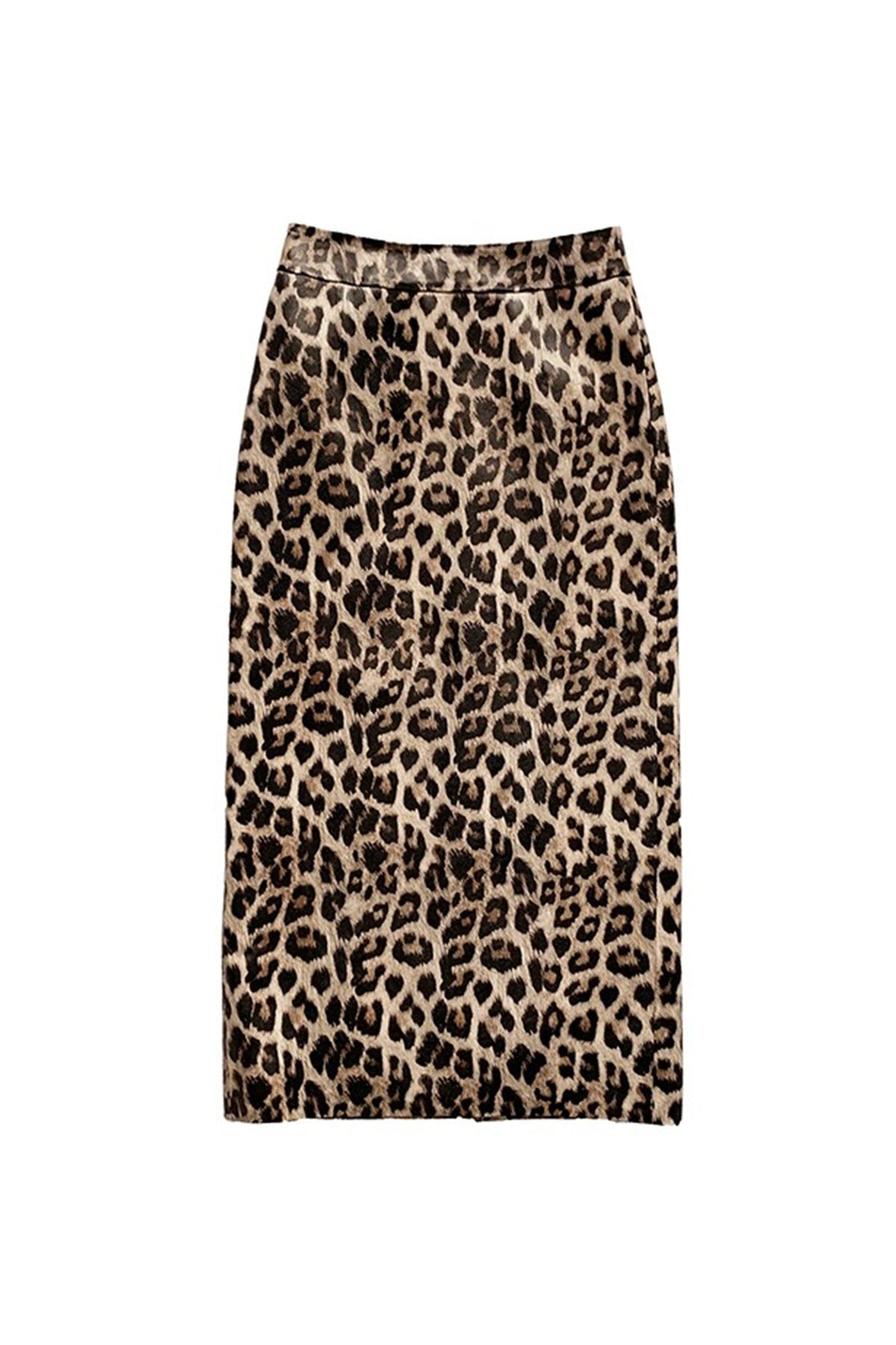 Lambskin Leather Leopard Print Midi Pencil Skirt