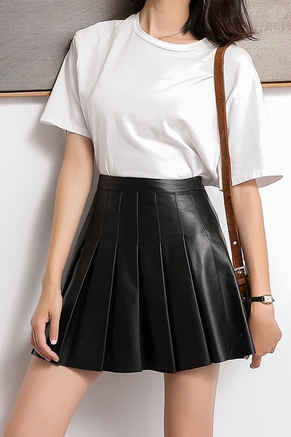 Lambskin Leather Pleated A-Line Mini Skirt in Black
