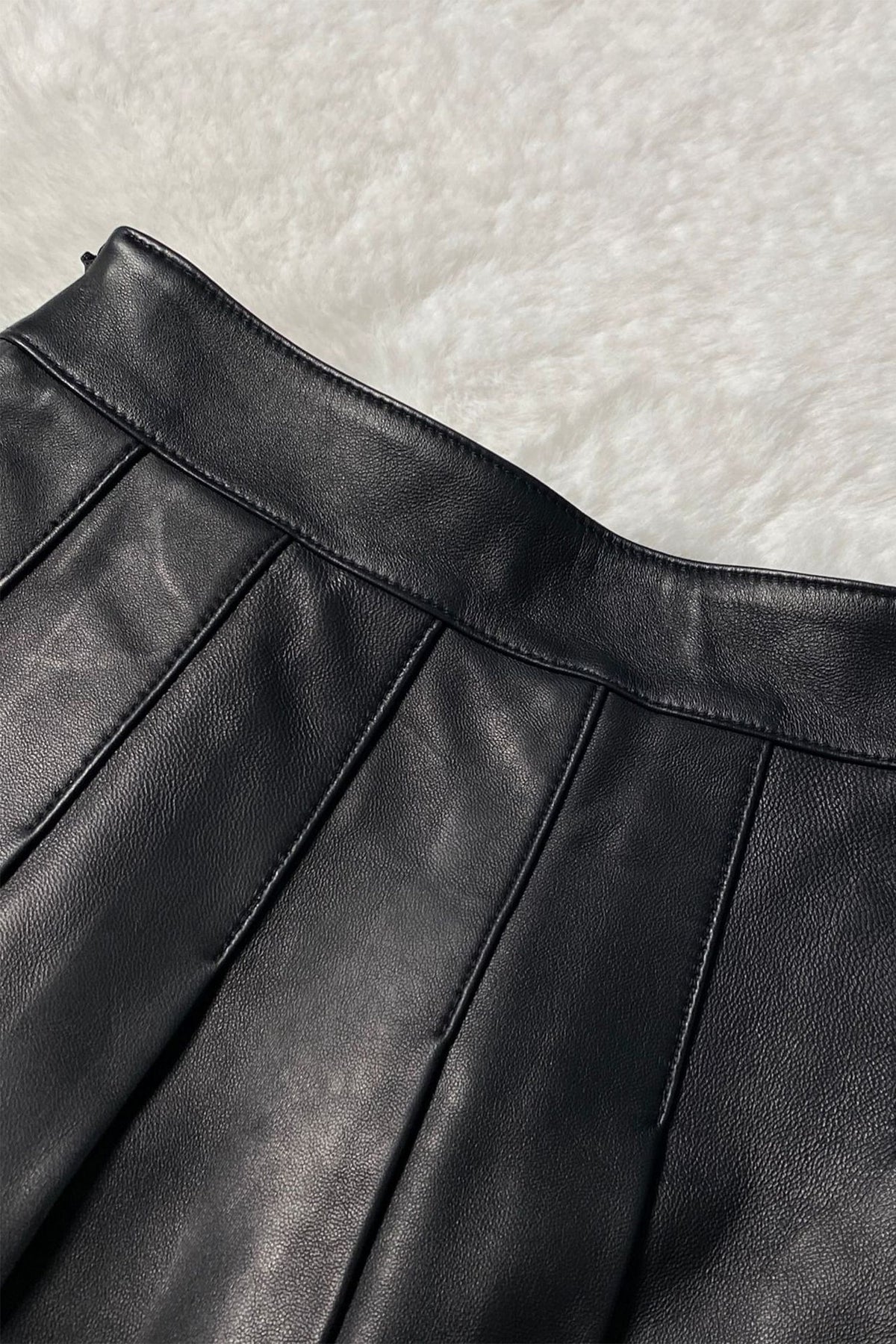 Lambskin Leather Pleated A-Line Mini Skirt in Black