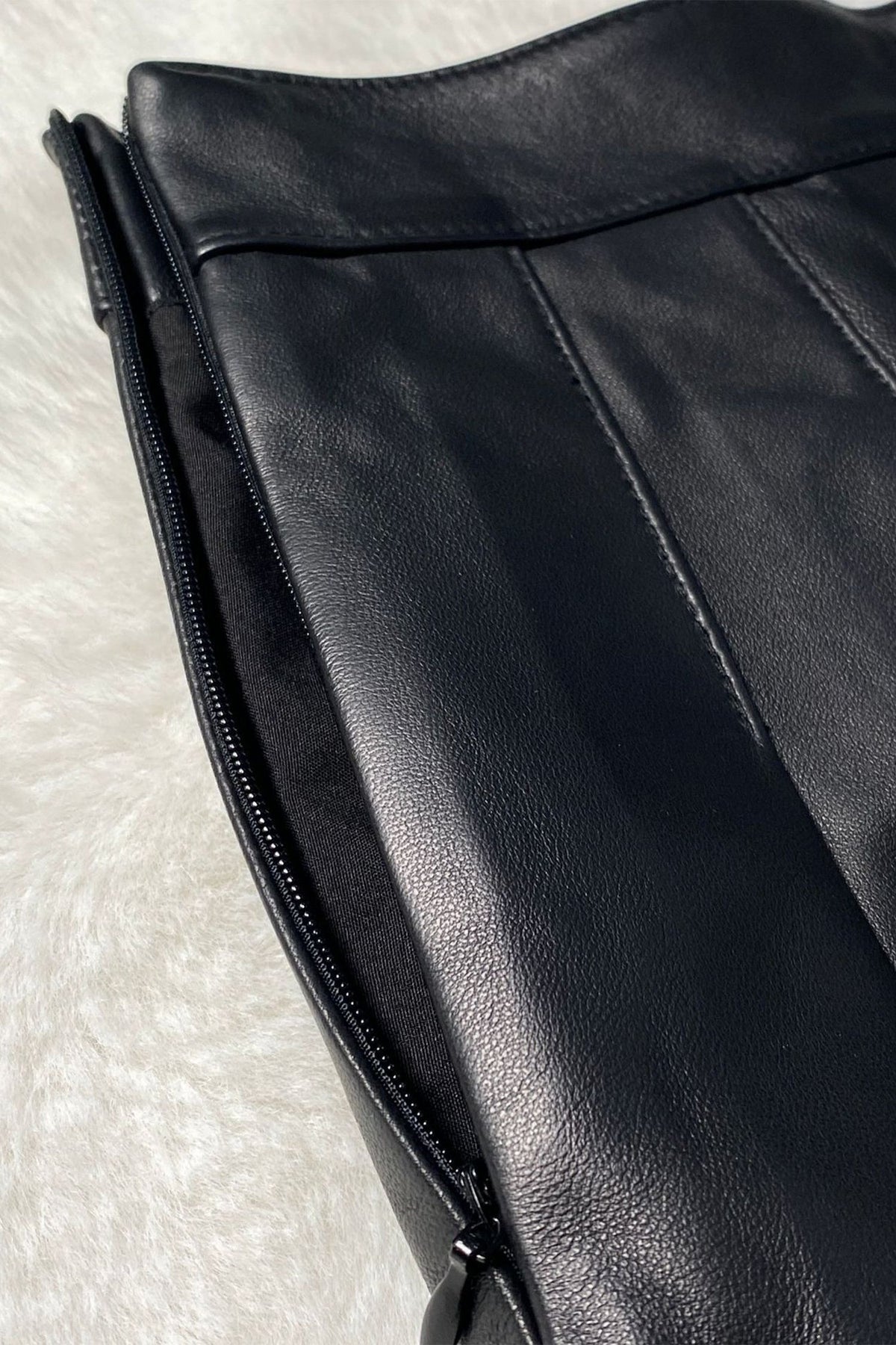 Lambskin Leather Pleated A-Line Mini Skirt in Black