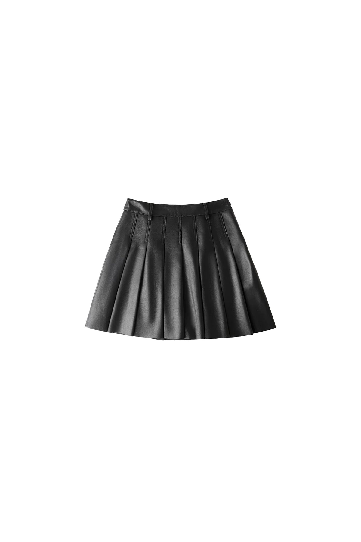 Lambskin Leather Pleated A-Line Mini Skirt in Black