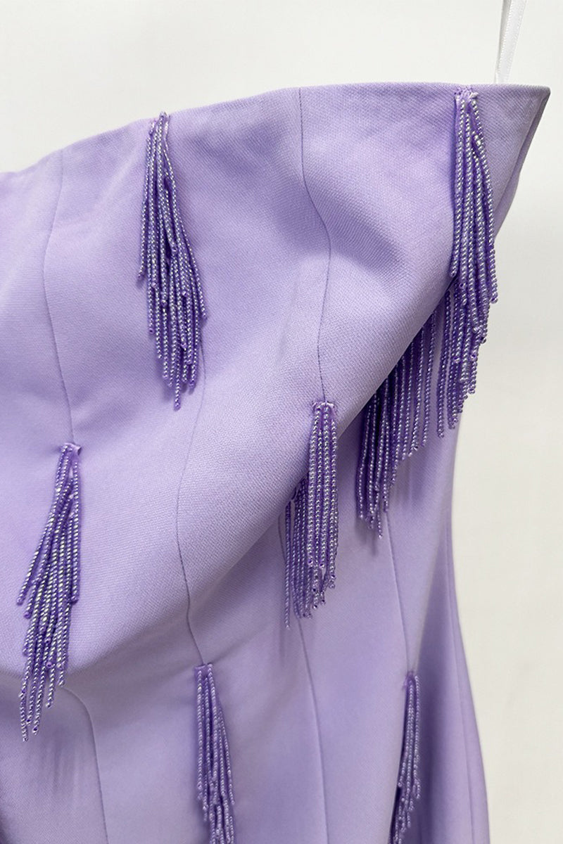 Lavender Strapless Beaded Fringe Maxi Evening Dress