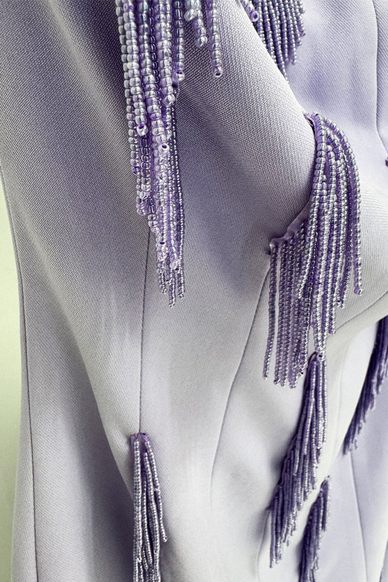Lavender Strapless Beaded Fringe Maxi Evening Dress