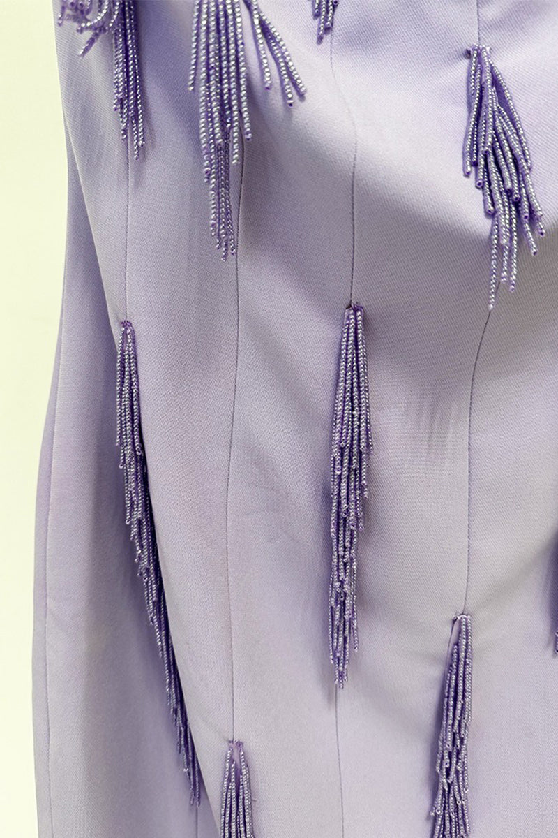 Lavender Strapless Beaded Fringe Maxi Evening Dress
