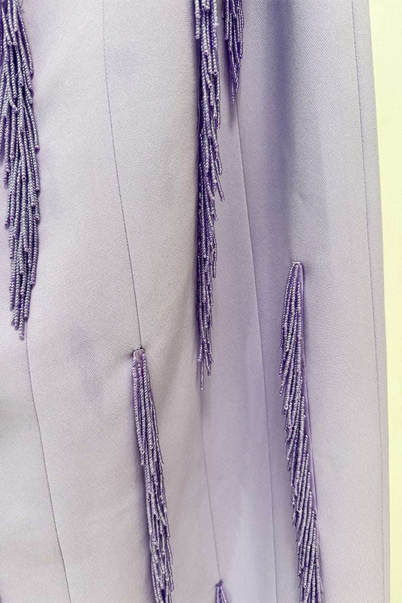 Lavender Strapless Beaded Fringe Maxi Evening Dress