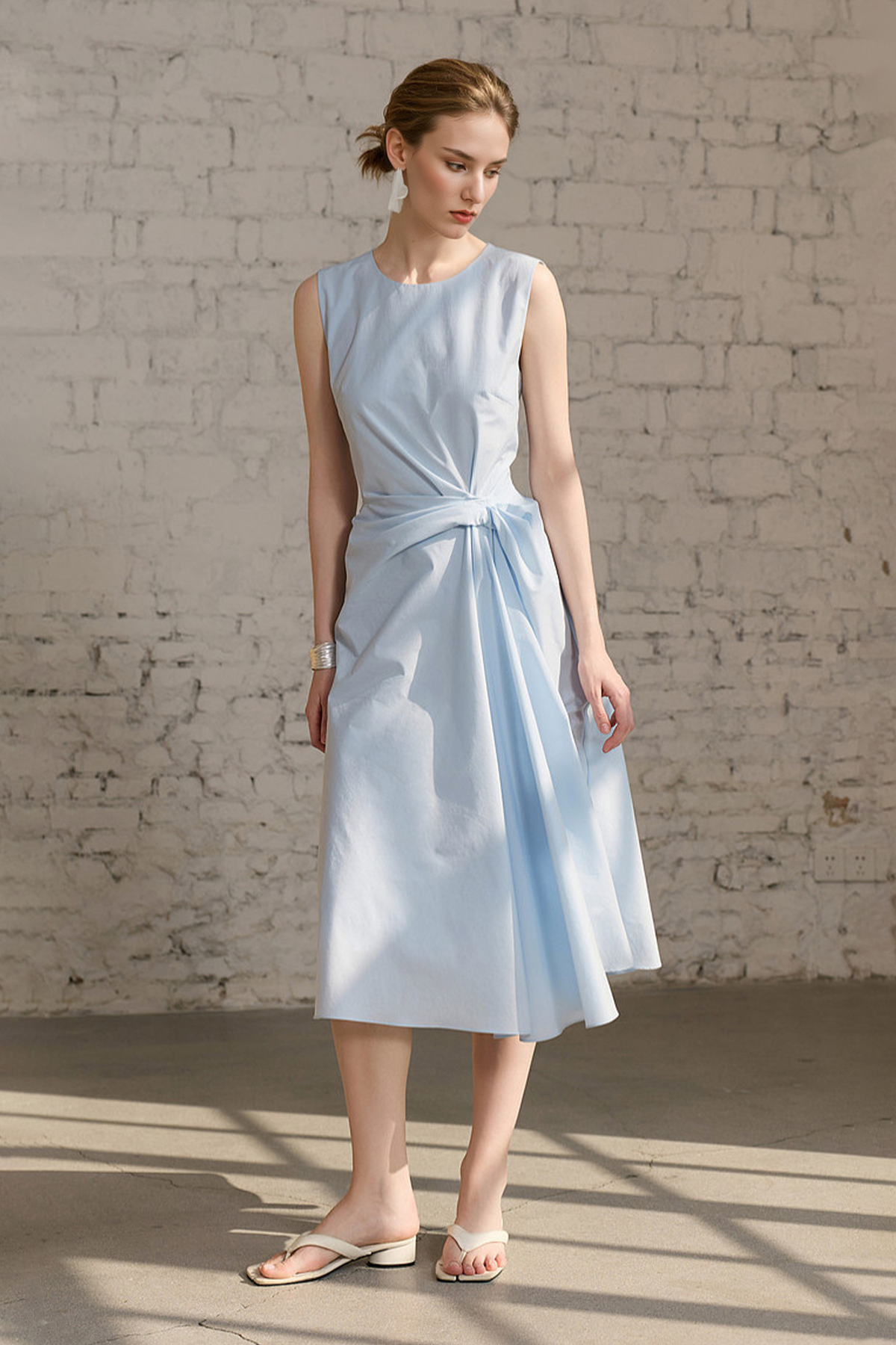 Light Blue Sleeveless Draped Midi Dress