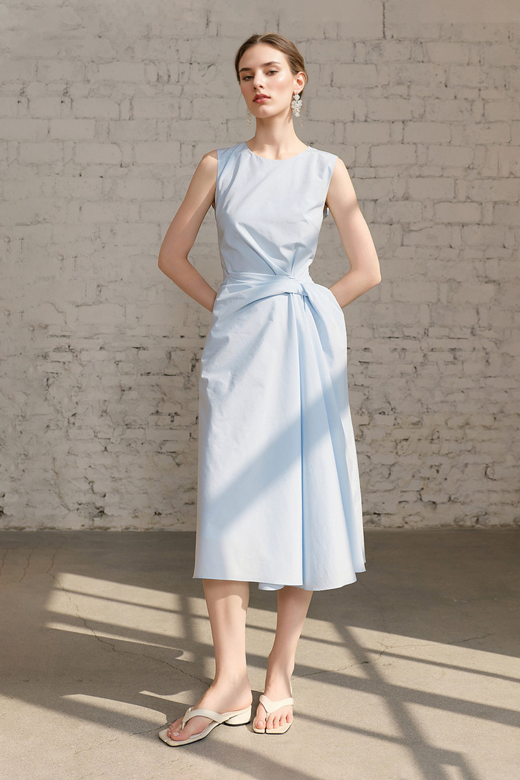 Light Blue Sleeveless Draped Midi Dress